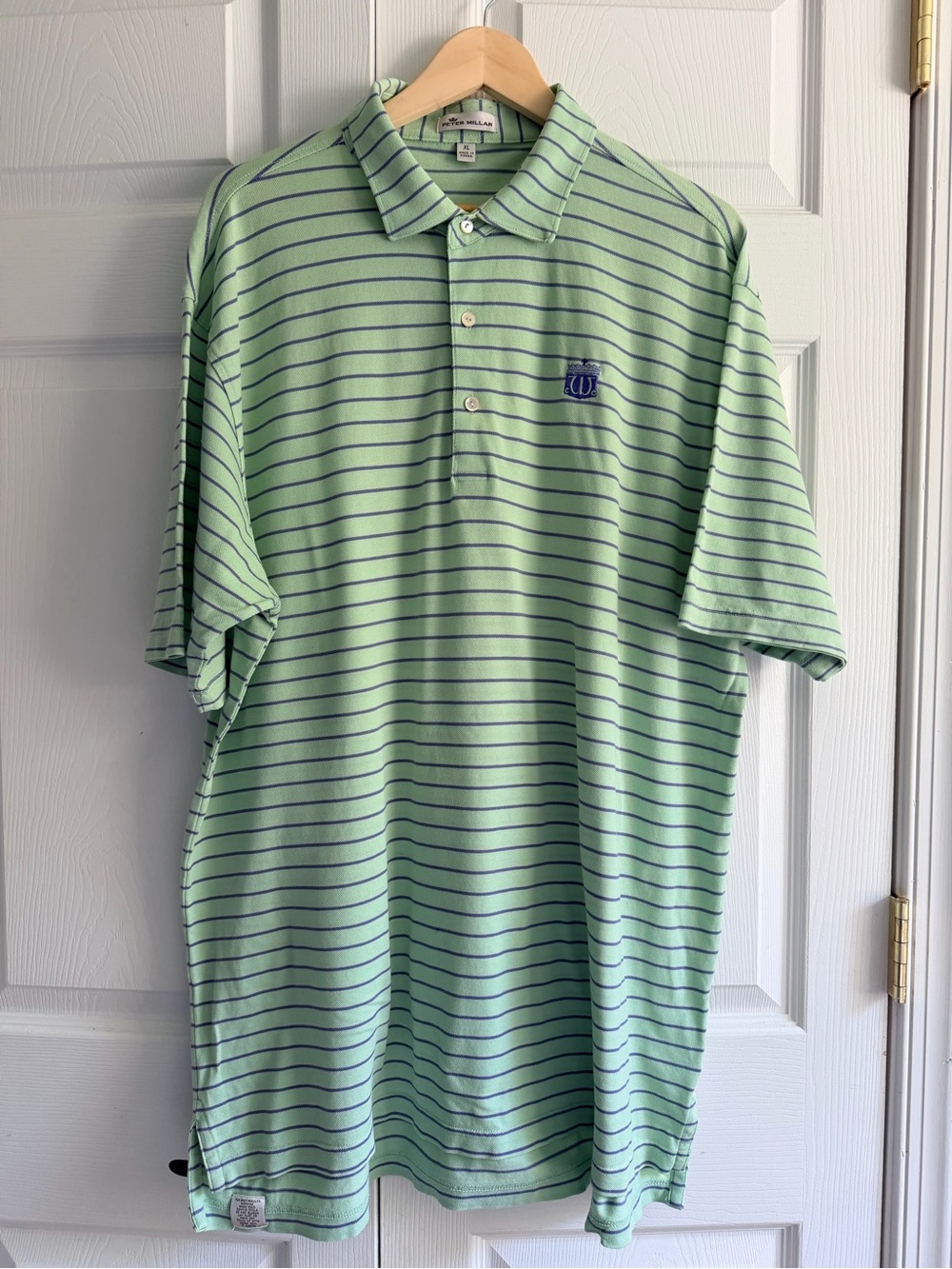 Peter Millar Polo Shirt Men’s XL Green Blue Stripe W Crest Golf Country Club